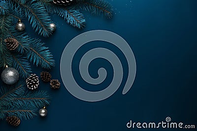 Pine branch with cone and decorative silver ornaments on minimal dark blue Christmas banner background Stock Photo