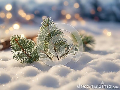 Pine branches in the snow on a new morning The coldness of winter and the contrast of the branches and warm sunlight Stock Photo