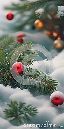 Pine branches in the snow on a new morning The coldness of winter Stock Photo