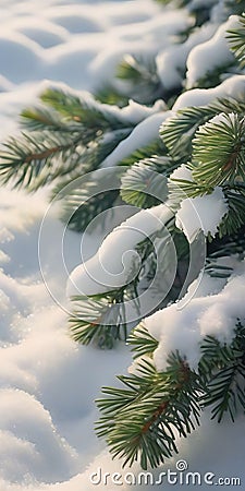 Pine branches in the snow on a new morning The coldness of winter Stock Photo