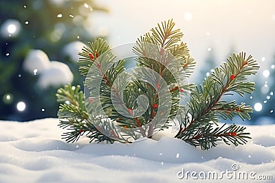 Pine branches in the snow on a new morning The coldness of winter Stock Photo