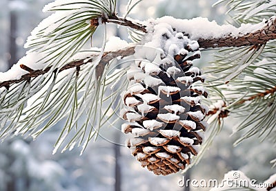 a pine cone on a branch with snow Stock Photo