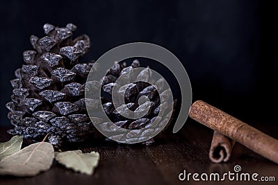 Pine cones. bay leaves and cinnamon sticks on a wooden table, close up Stock Photo