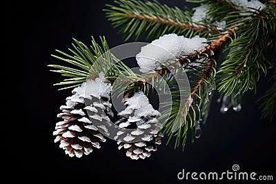pine cones on a branch with snow Stock Photo