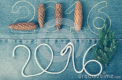 Pine cones, fresh branch of christmas tree and the numbers 2016 Stock Photo