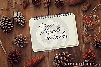 Pine cones and open notebook with text: HELLO WINTER Stock Photo