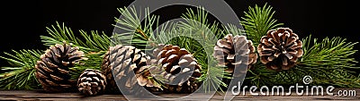 pine cones and pine needles on a table Stock Photo