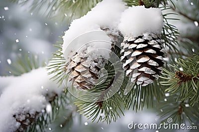 pine cones on a tree branch with snow Stock Photo