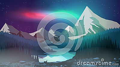 Pine Forest with Mountain Lake at Night,Aurora - Vector Illustr Vector Illustration