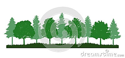 Pine forest and oak tree with grass landscape Vector Illustration