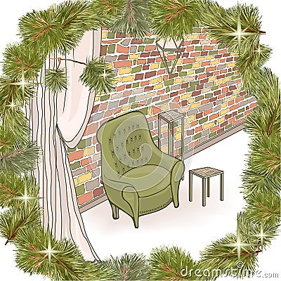 Pine frame loft Brick wall Vector Illustration