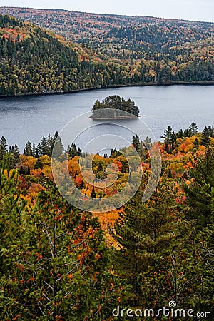 Pine Island in the middle of Wapizagonke lake Stock Photo