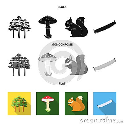 Pine, poisonous mushroom, tree, squirrel, saw.Forest set collection icons in black, flat, monochrome style vector symbol Vector Illustration