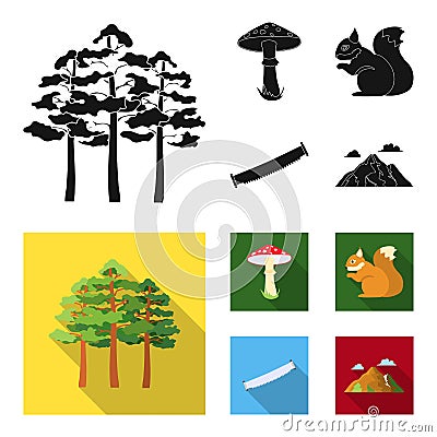 Pine, poisonous mushroom, tree, squirrel, saw.Forest set collection icons in black, flat style vector symbol stock Vector Illustration