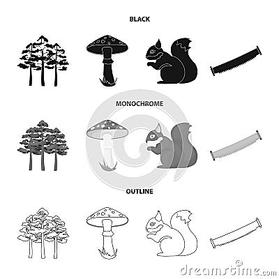 Pine, poisonous mushroom, tree, squirrel, saw.Forest set collection icons in black,monochrome,outline style vector Vector Illustration