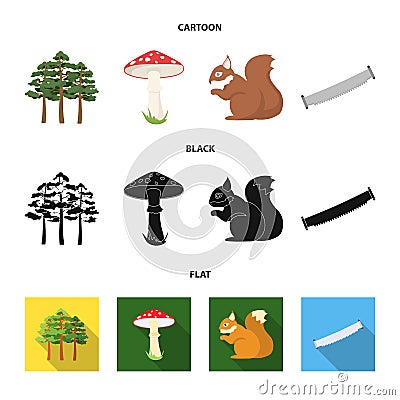 Pine, poisonous mushroom, tree, squirrel, saw.Forest set collection icons in cartoon,black,flat style vector symbol Vector Illustration