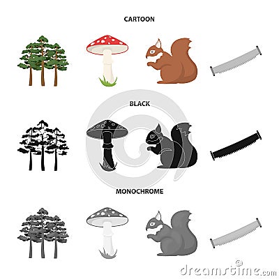 Pine, poisonous mushroom, tree, squirrel, saw. Forest set collection icons in cartoon, black, monochrome style vector Vector Illustration