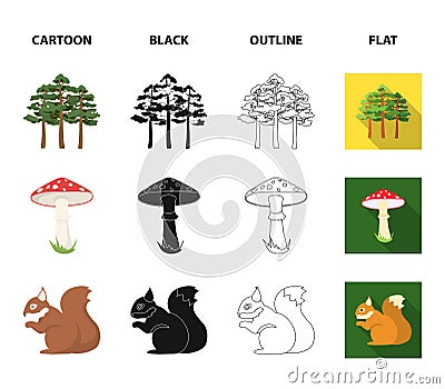 Pine, poisonous mushroom, tree, squirrel, saw.Forest set collection icons in cartoon,black,outline,flat style vector Vector Illustration