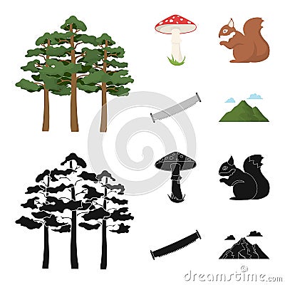 Pine, poisonous mushroom, tree, squirrel, saw.Forest set collection icons in cartoon,black style vector symbol stock Vector Illustration