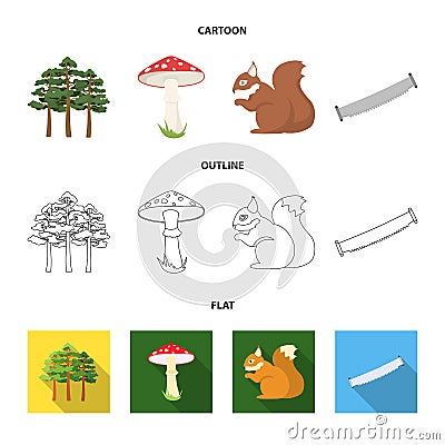 Pine, poisonous mushroom, tree, squirrel, saw.Forest set collection icons in cartoon,outline,flat style vector symbol Vector Illustration