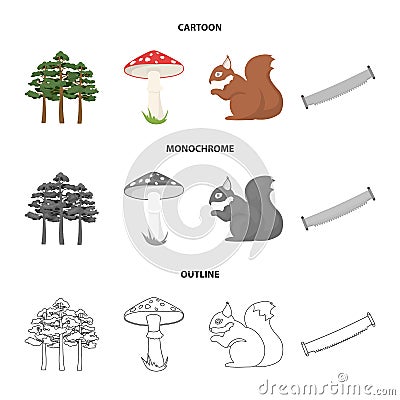 Pine, poisonous mushroom, tree, squirrel, saw.Forest set collection icons in cartoon,outline,monochrome style vector Vector Illustration