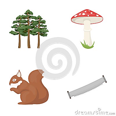 Pine, poisonous mushroom, tree, squirrel, saw.Forest set collection icons in cartoon style vector symbol stock Vector Illustration