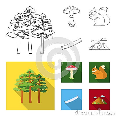 Pine, poisonous mushroom, tree, squirrel, saw.Forest set collection icons in outline,flat style vector symbol stock Vector Illustration