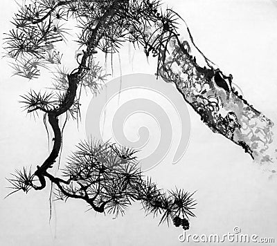 Pine in the style of sumi-e Stock Photo