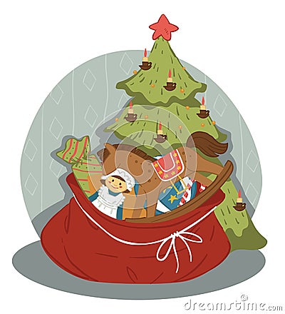 Pine tree and bag with presents for New Year xmas Vector Illustration