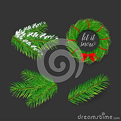 Pine tree branches for Christmas and New Year decorations 4 icons set composition banner. Christmas wreath with red bow. Cartoon Illustration