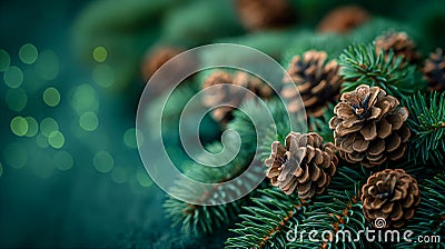 Pine tree branches with pine cones under soft seasonal light in tranquil forest. Generative AI Stock Photo