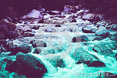 Pine tree forest river flows through the rocks. Beautiful powerful rapid steam of the mountain river flows between pebbles rocks. Stock Photo