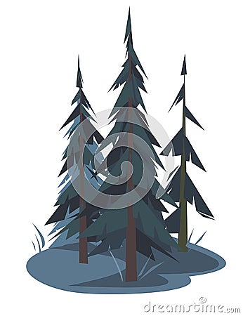 Pine tree. Little night natural landscape. Illustration in cartoon style flat design Isolated on white background Vector Illustration