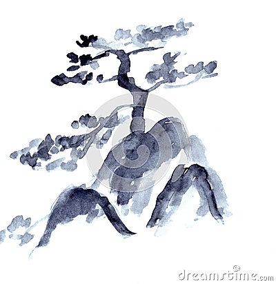 Pine tree on the rock monochrome black and white chinese style ink drawing Cartoon Illustration