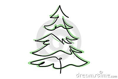 Pine tree Single continuous line drawing. Simple hand drawn style design element for Christmas holiday celebration Vector Illustration