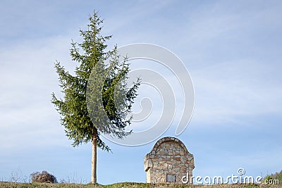 Pine tree and small stone construction Stock Photo
