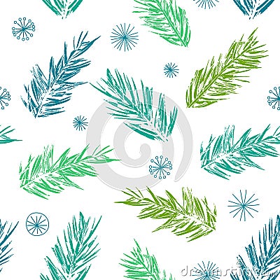 Pine tree twigs and snowflakes Vector Illustration