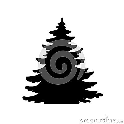 Pine tree vector shape. Hand drawn stylized silhouette monochrome illustration isolated on white. Vector Illustration
