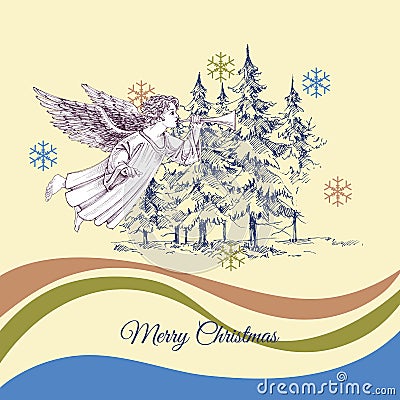 Pine trees and Christmas angel greeting card Vector Illustration