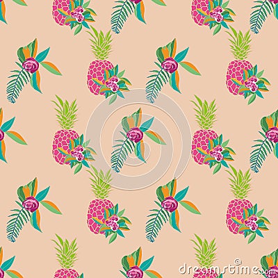 Pineappel Spring-Fruit Delight. Seamless Repeat Pattern illustration.Background in pink,orange,green,white and cream. Vector Illustration