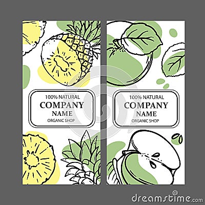 PINEAPPLE APPLE LABELS Sketch Style Vector Illustration Set Stock Photo