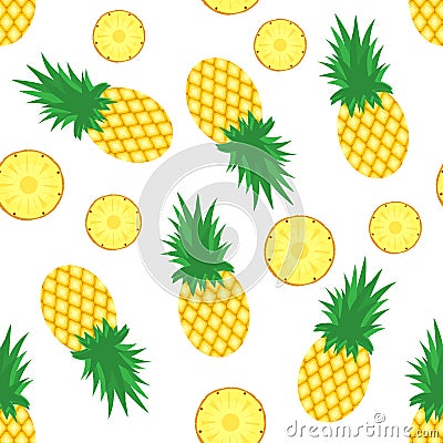 Pineapple background. Fresh pineapples and slices of pineapples on white background. Tropical fruit pattern. Vector Vector Illustration