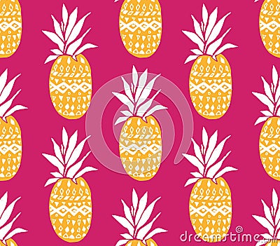 Pineapple background with hand drawn yellow fruits at pink background. Seamless vector pattern Vector Illustration