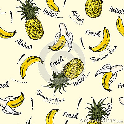 Pineapple and banana hand drawn sketch ,greeting Aloha fresh ,s Stock Photo