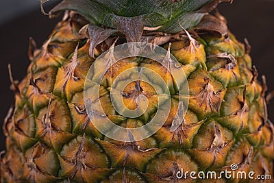 Gorgeous Pineapple being seen from above on a brown wooden table. Closed up detailed view of a pineapple Stock Photo