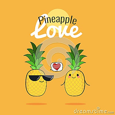 Pineapple cartoon characters, Cute fruit couple, Vintage poster flat design with Vector illustration Cartoon Illustration