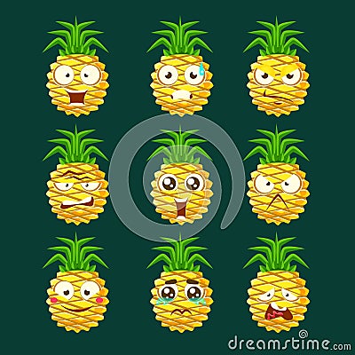 Pineapple Cartoon Emoji Portaraits Fith Different Emotional Facial Expressiona Set Of Cartoon Stickers Vector Illustration