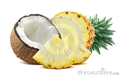 Pineapple coconut pieces composition 2 isolated on white background Stock Photo