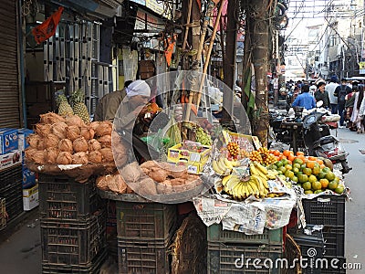 Pineapple, coconut and vegetables seller in Chandni Chowk, Old Delhi. Editorial Stock Photo