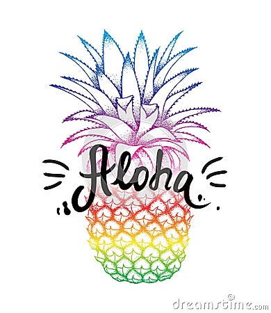 Pineapple colorful sketch isolated on white background. Aloha hand lettering, Hawaiian language greeting typography. Vector Illustration